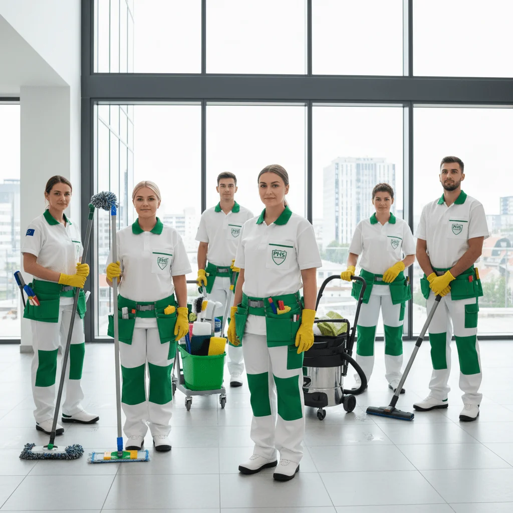 Equipe de plusieurs agent d'entretien habillé en vert et blanc de la société phs nettoyage qui pose 