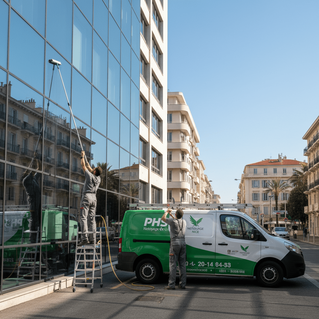 2 hommes devant un véhicule de la société phs nettoyage de Nice qui nettoient des vitres d'un bâtiment