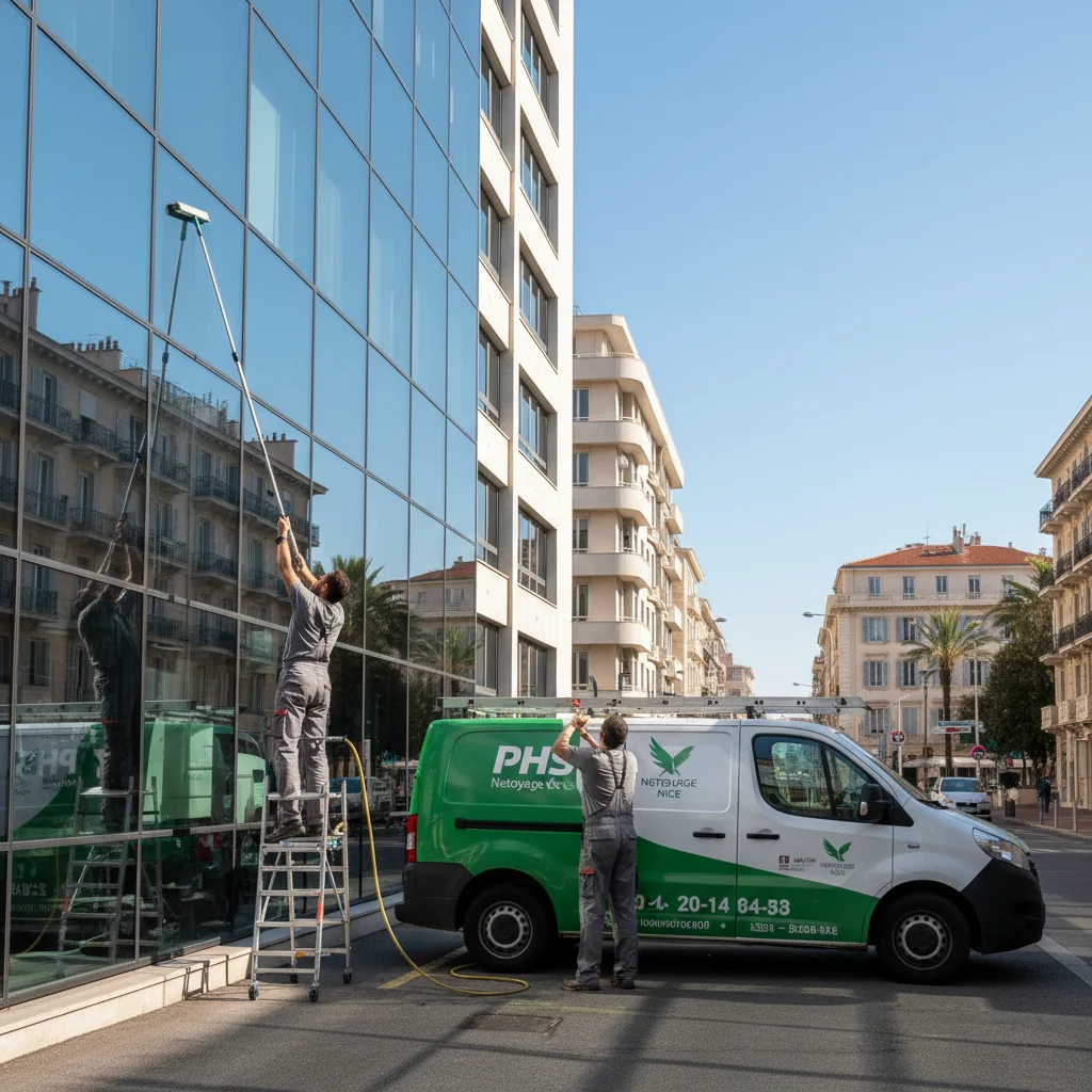 2 hommes devant un véhicule de la société phs nettoyage de Nice qui nettoient des vitres d'un bâtiment