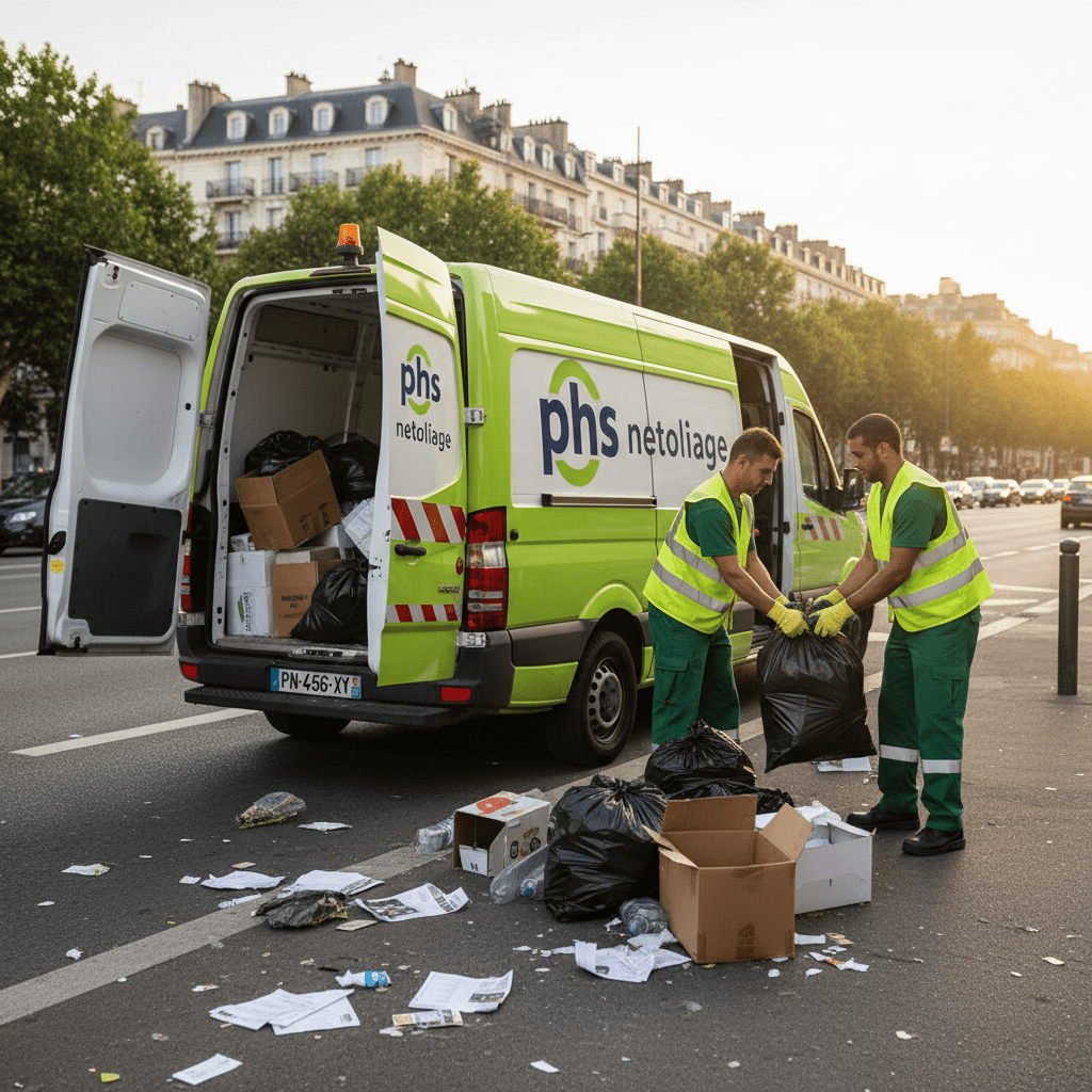 Fourgon avec 2 agent de nettoyage qui débarrasse des dechets