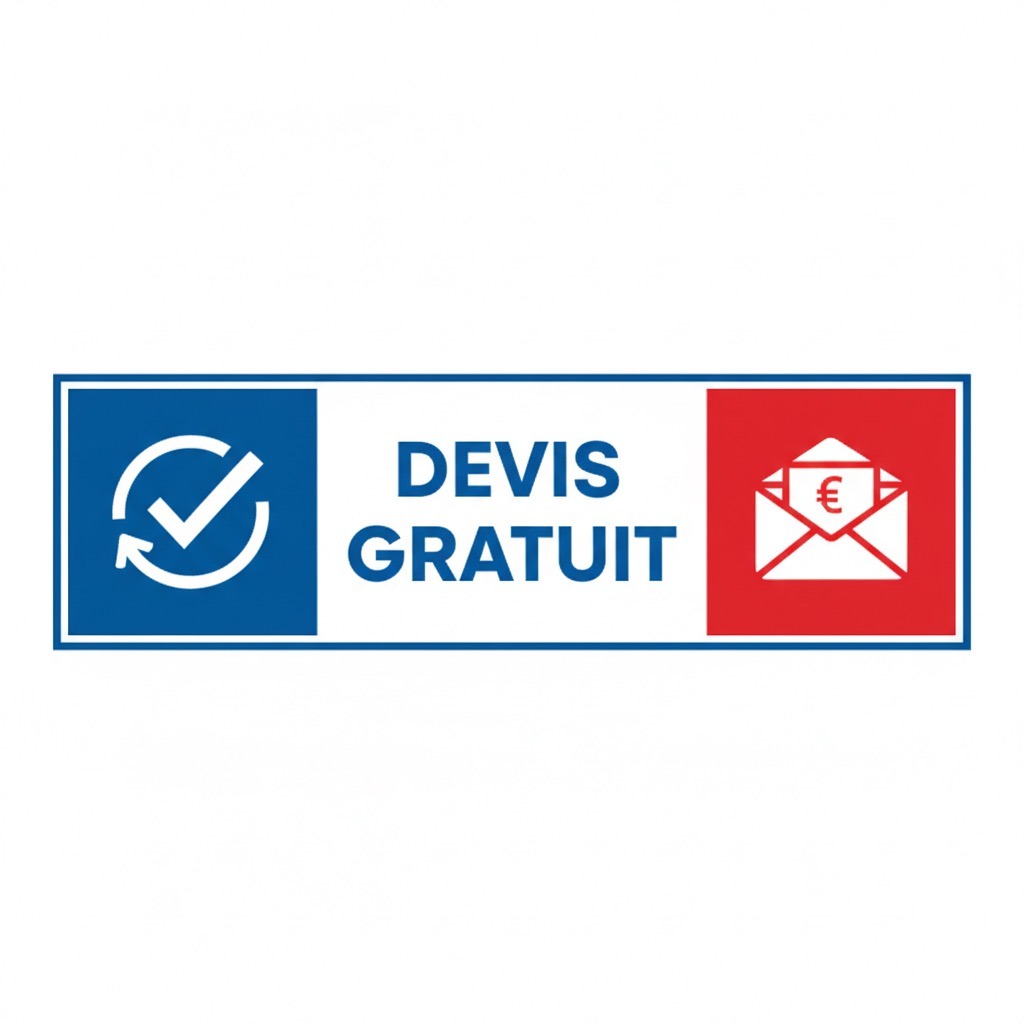 Bannière rectangulaire avec le texte "DEVIS GRATUIT" en bleu, accompagnée à gauche d'une coche de validation blanche sur fond bleu et à droite d'une enveloppe contenant un symbole euro sur fond rouge.