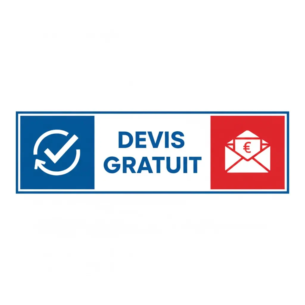 Bannière rectangulaire avec le texte "DEVIS GRATUIT" en bleu, accompagnée à gauche d'une coche de validation blanche sur fond bleu et à droite d'une enveloppe contenant un symbole euro sur fond rouge.